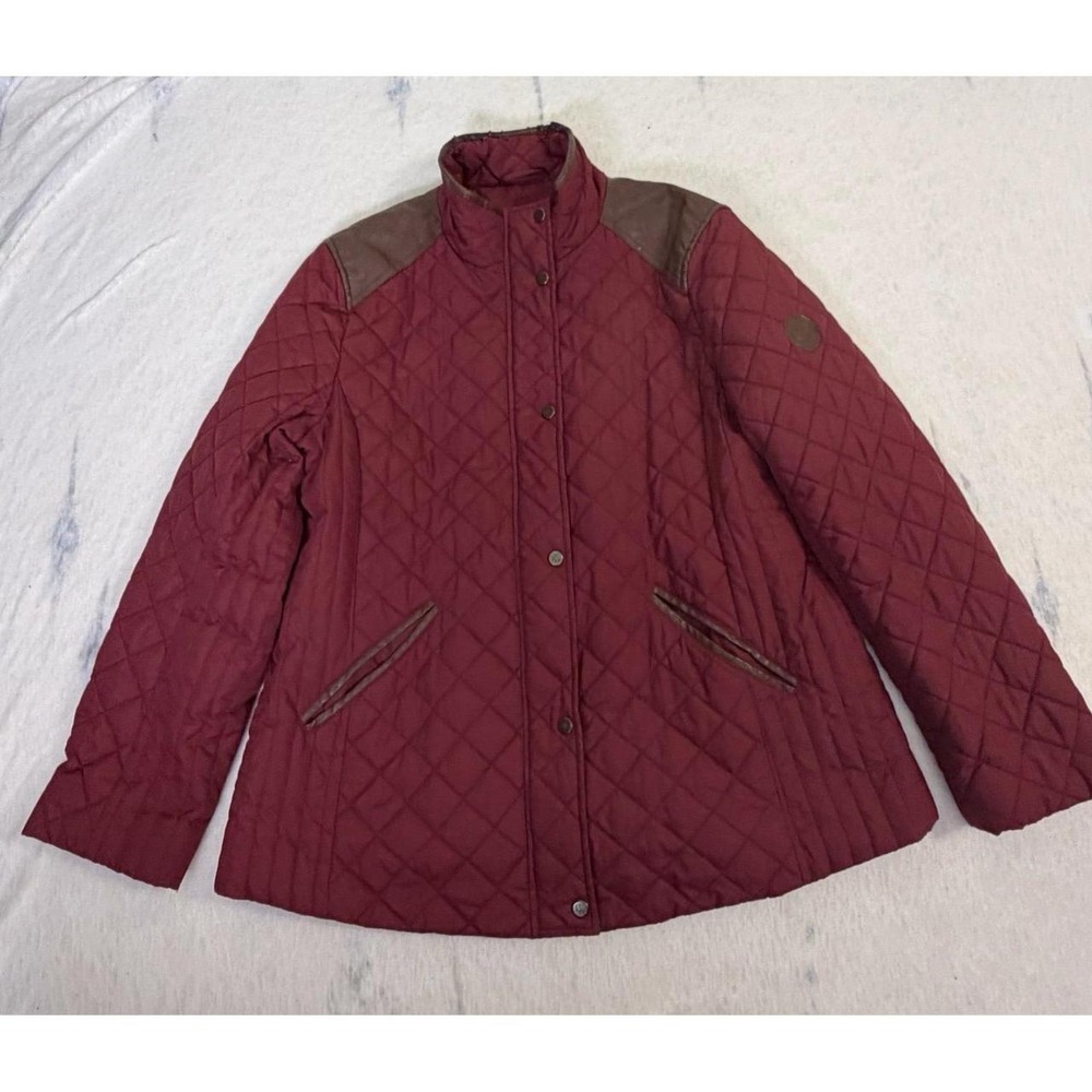 Lauren Ralph Lauren Womens L Burgundy Quilted Jacket‎ Faux Leather Trim Coat